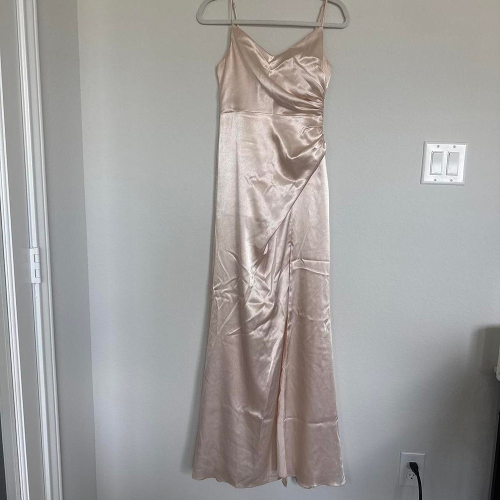 Birdy Grey Champagne Pink Satin Ruched Maxi Dress Bridesmaid Formal XS